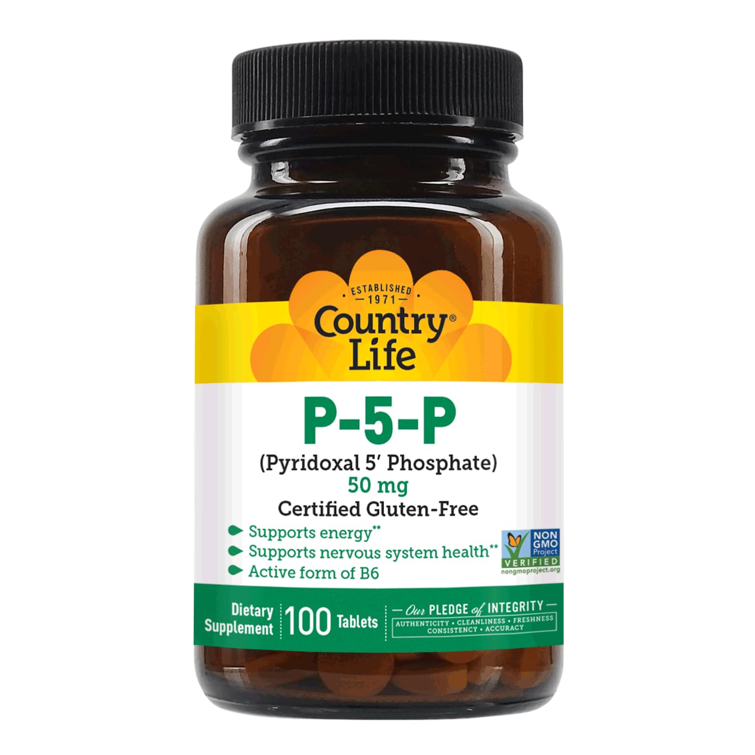 Country Life P-5-P packaging side highlights gluten-free and vegan certifications.