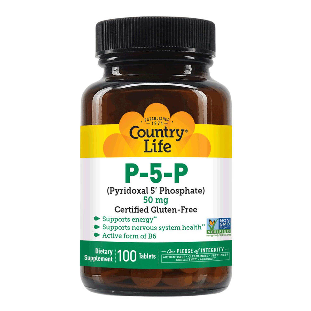 Country Life P-5-P packaging side highlights gluten-free and vegan certifications.