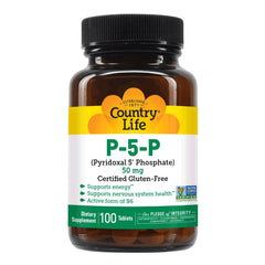 Country Life P-5-P packaging side highlights gluten-free and vegan certifications.