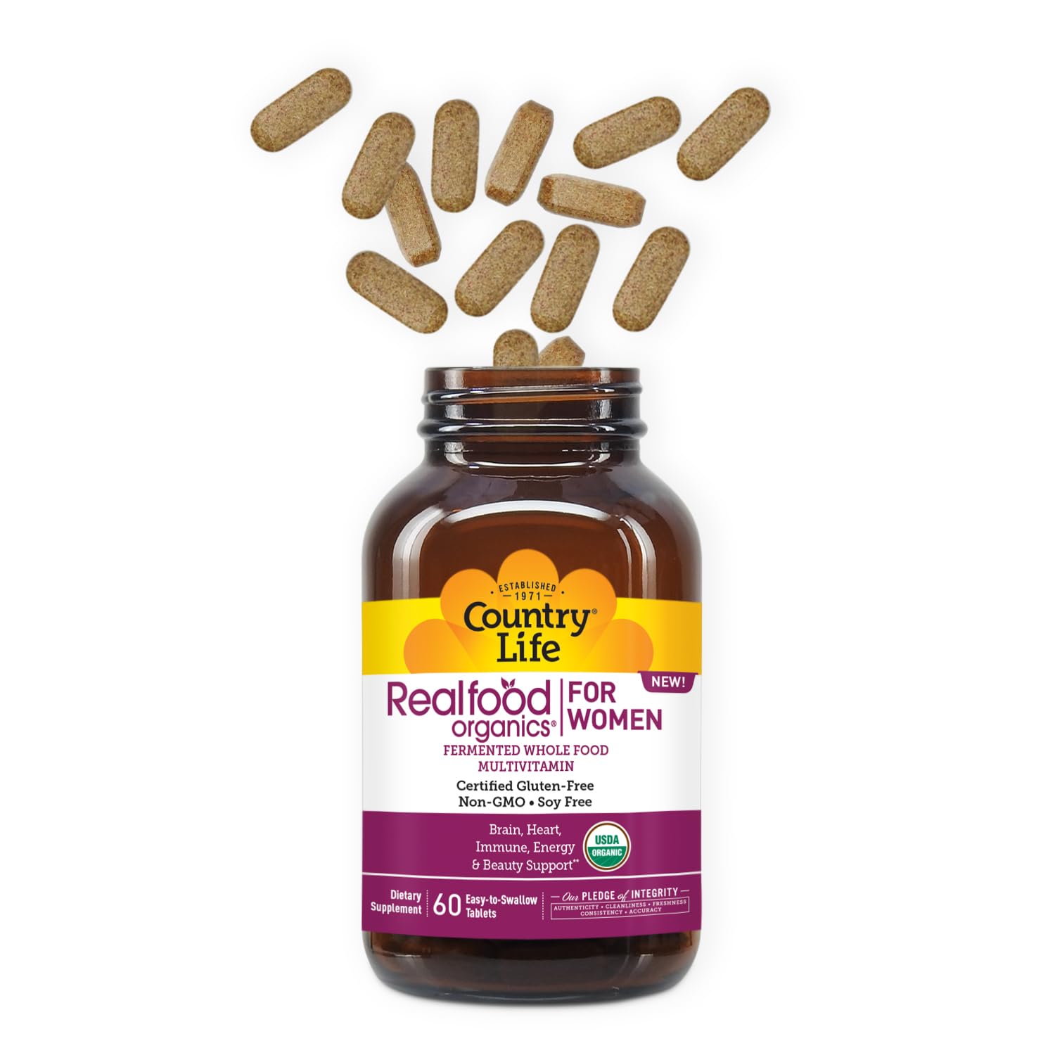 Gluten-free packaging of Country Life Realfood Organics Women's Multivitamin for allergy-conscious use