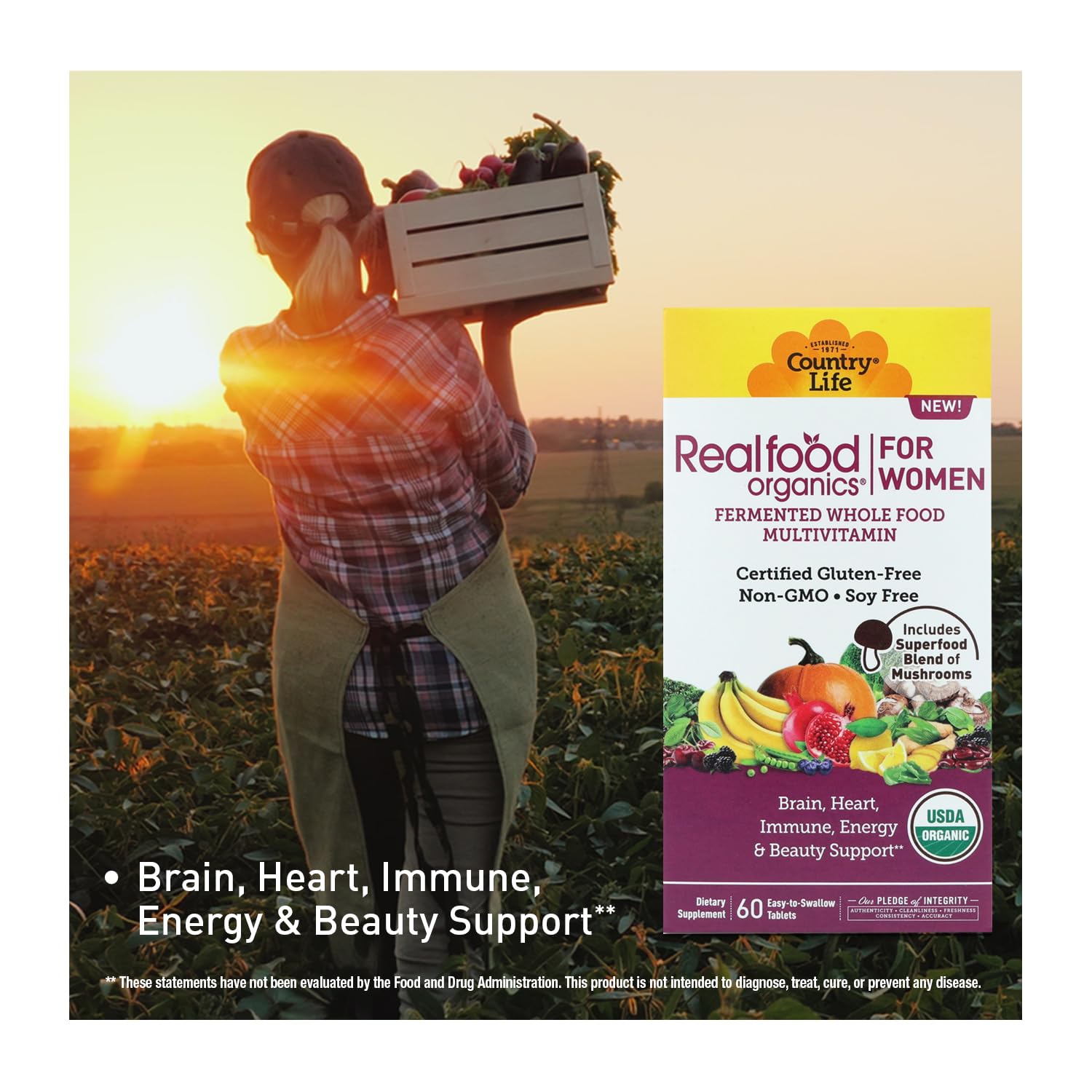 Country Life Realfood Organics Women's Multivitamin label showing organic vegan gluten-free certifications