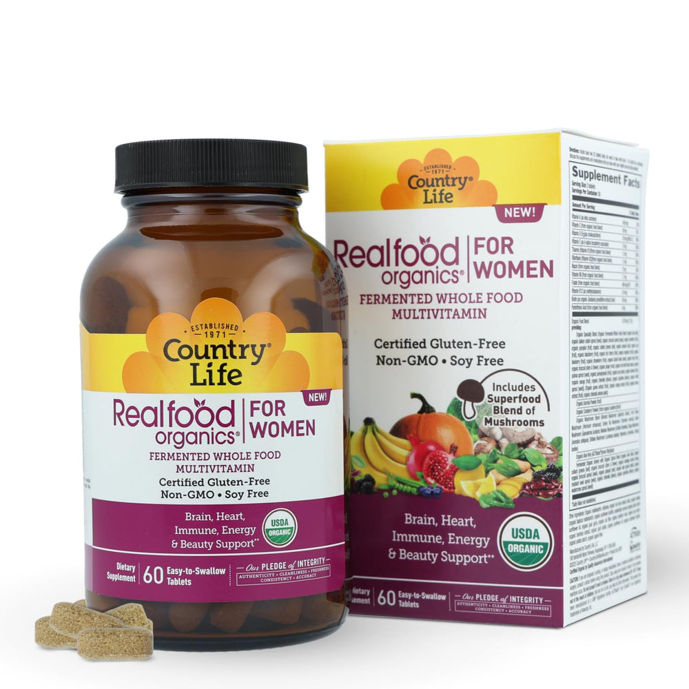 Close-up of Country Life Realfood Organics multivitamin tablets for fermented whole foods nutrition
