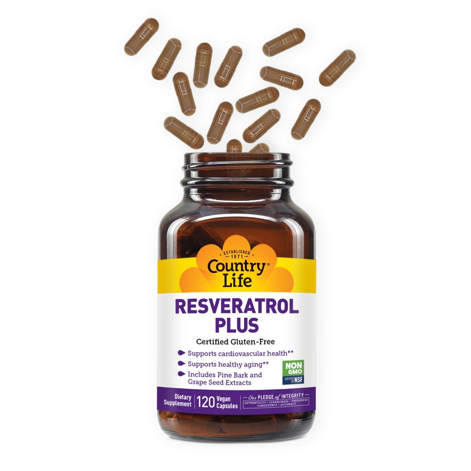 Country Life Resveratrol Plus bottle back reveals ingredients and vegan, gluten-free sourcing.