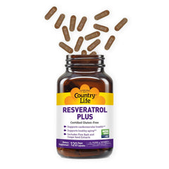 Country Life Resveratrol Plus bottle back reveals ingredients and vegan, gluten-free sourcing.