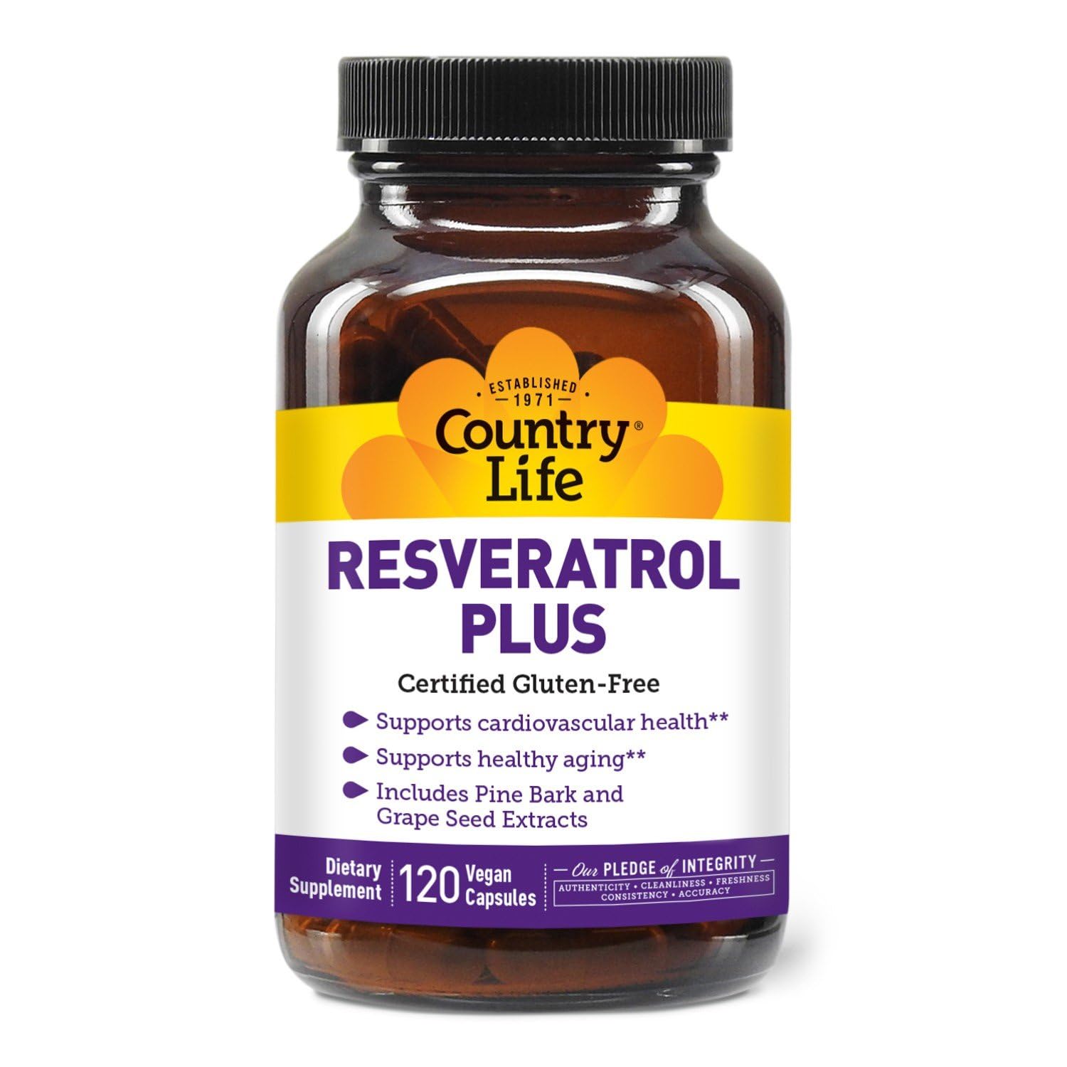 Country Life Resveratrol Plus bottle front showcases antioxidant support for daily wellness.