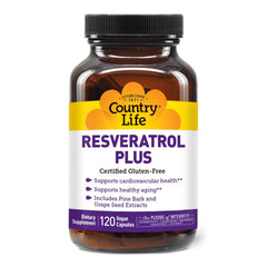 Country Life Resveratrol Plus bottle front showcases antioxidant support for daily wellness.