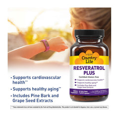 Country Life Resveratrol Plus capsules closeup highlights plant-based antioxidants for healthy aging.