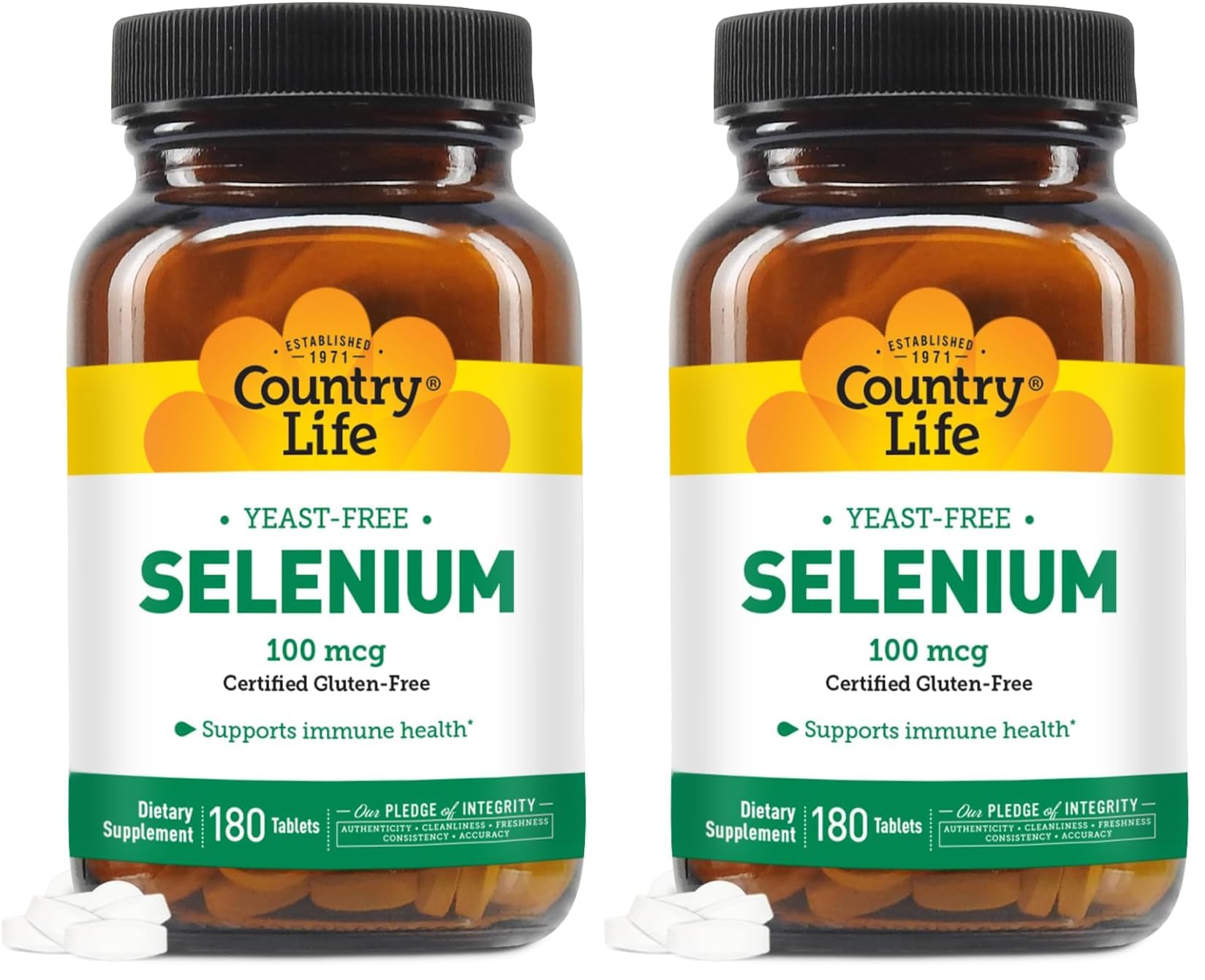 Country Life Selenium bottle label highlighting yeast-free and gluten-free attributes.