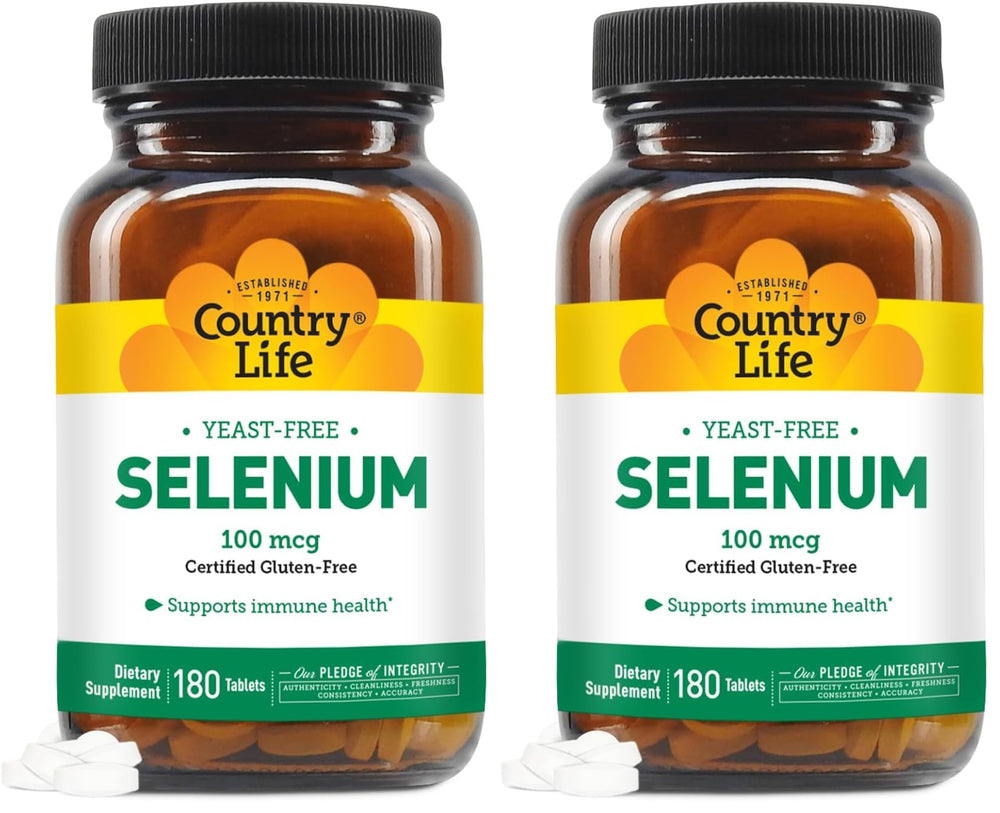 Country Life Selenium bottle label highlighting yeast-free and gluten-free attributes.