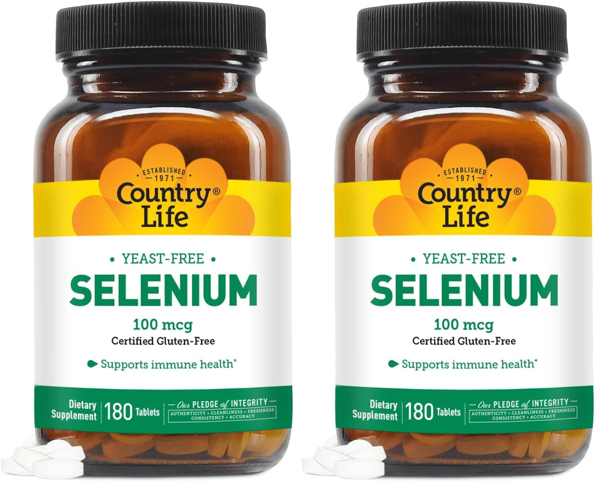 Country Life Selenium bottle label highlighting yeast-free and gluten-free attributes.