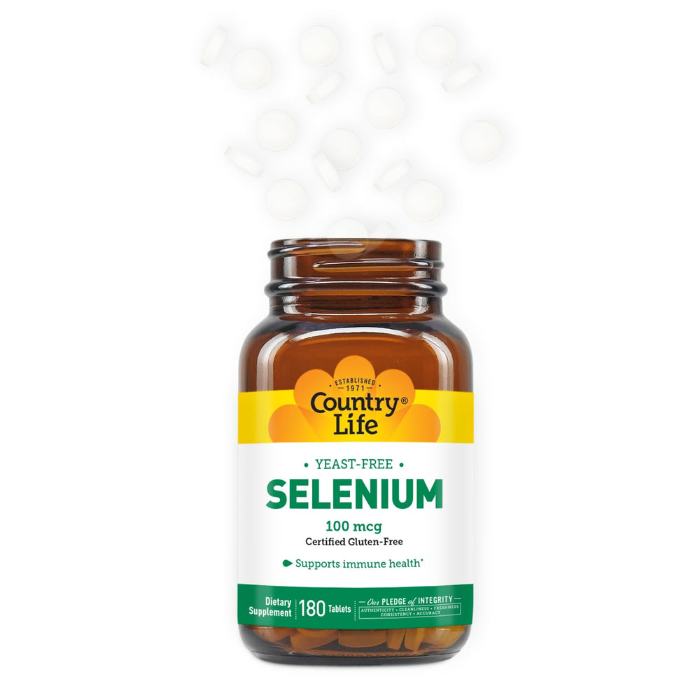 Country Life Selenium packaging displays gluten-free and vegan certifications.