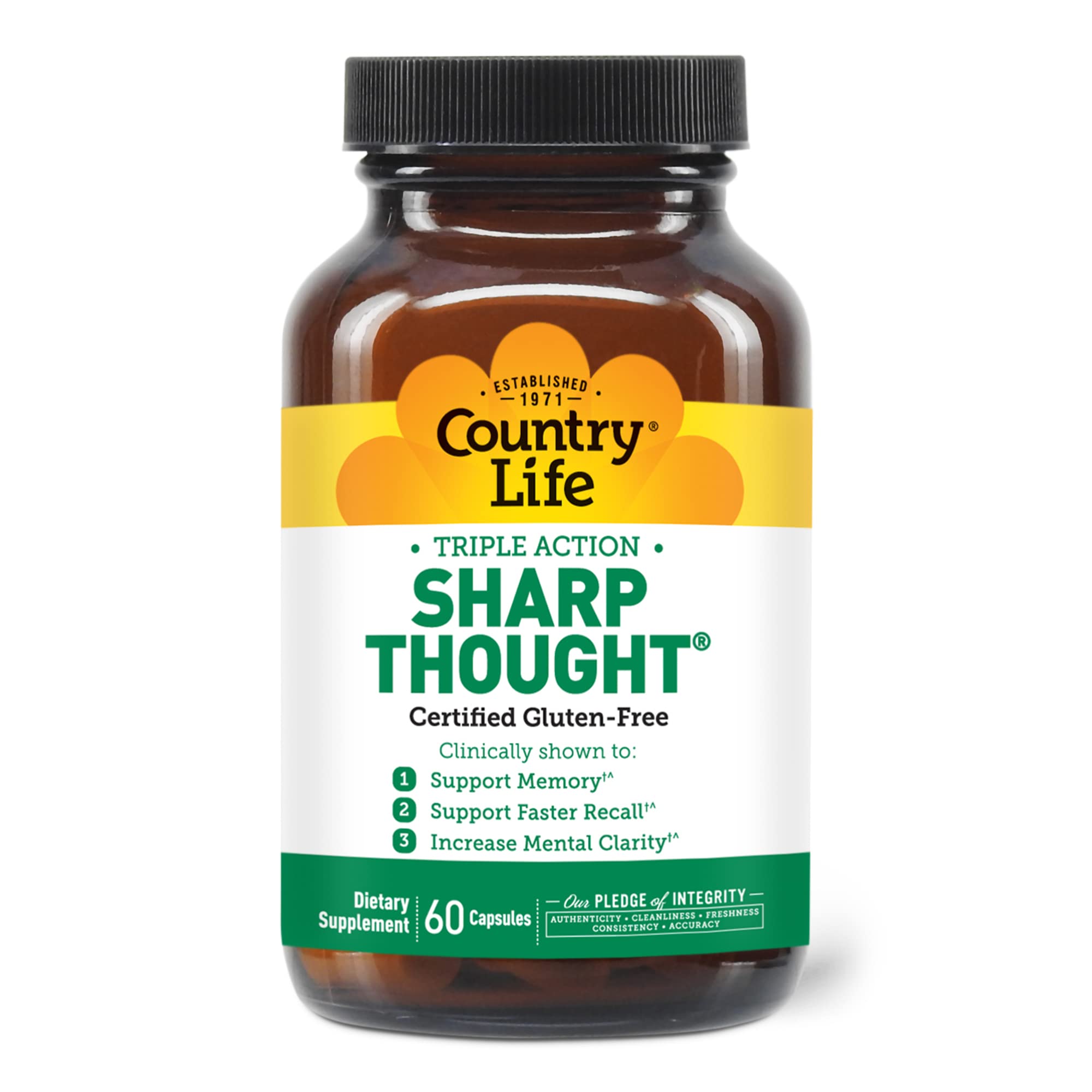 Country Life Sharp Thought bottle label highlighting memory support and cognitive health