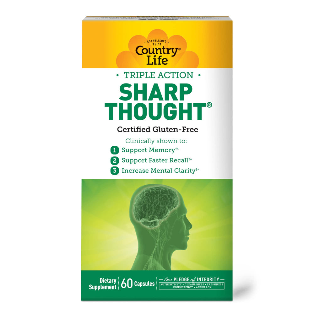 Country Life Sharp Thought morning routine setup with bottle emphasizes everyday cognitive support