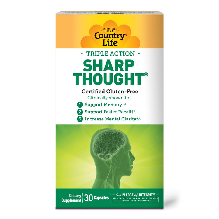 Country Life SharpThought packaging scene featuring brain-boosting formula.