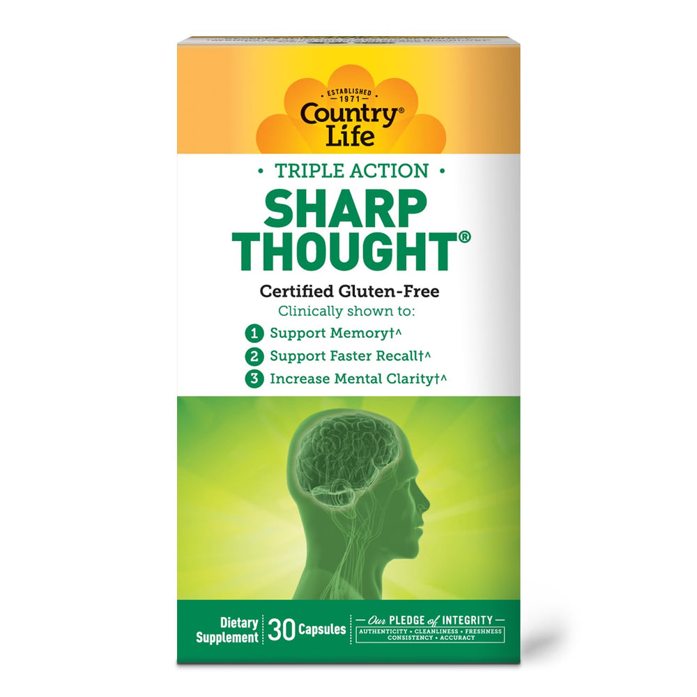 Country Life SharpThought packaging scene featuring brain-boosting formula.