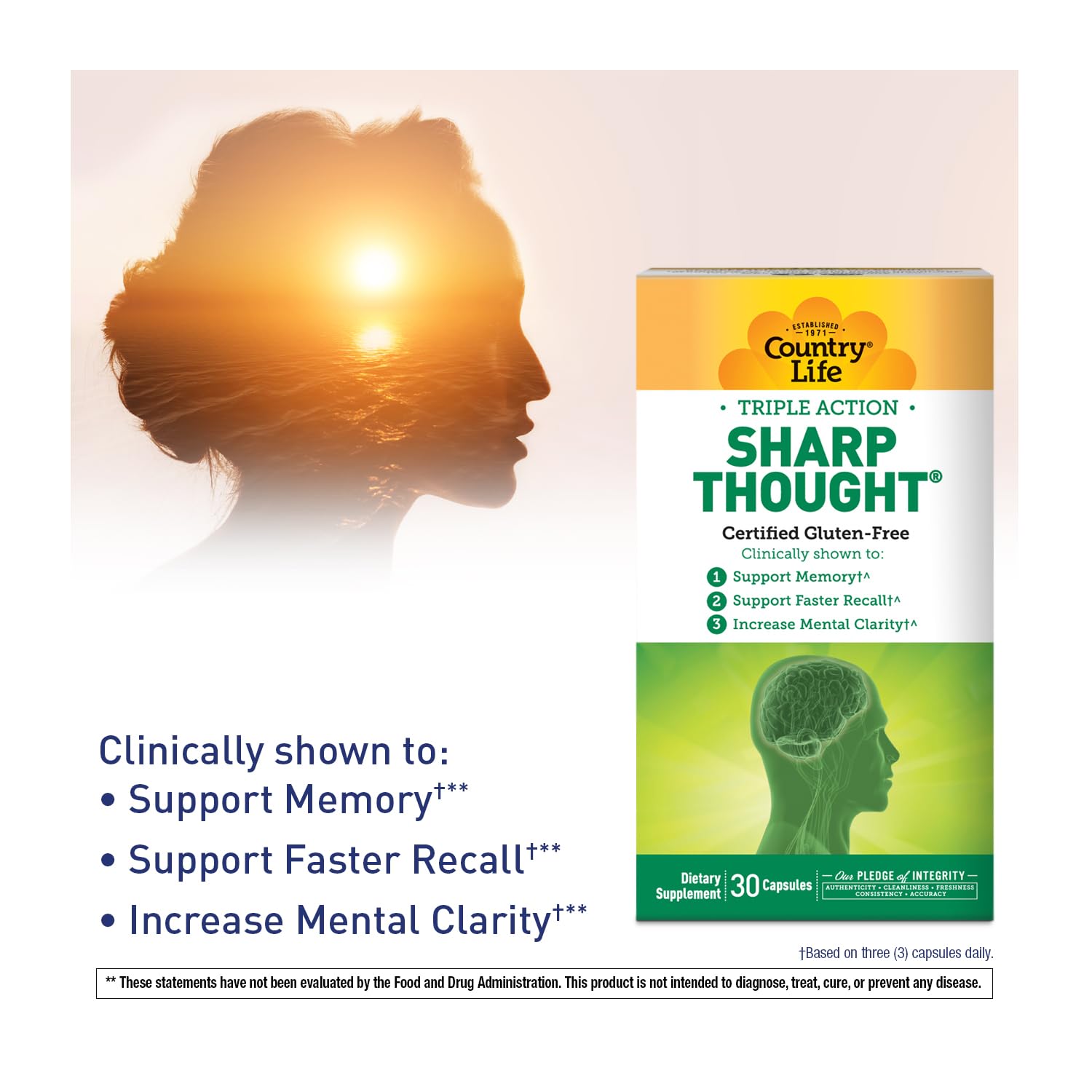 Country Life SharpThought bottle close-up shows PS-DHA conjugation concept aiding brain nutrition.