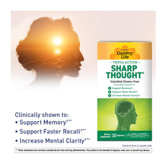 Country Life SharpThought bottle close-up shows PS-DHA conjugation concept aiding brain nutrition.
