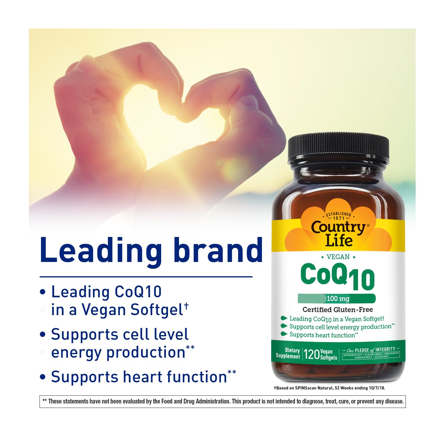 Country Life Simply CoQ10 label close-up showing gluten-free and vegan certifications.