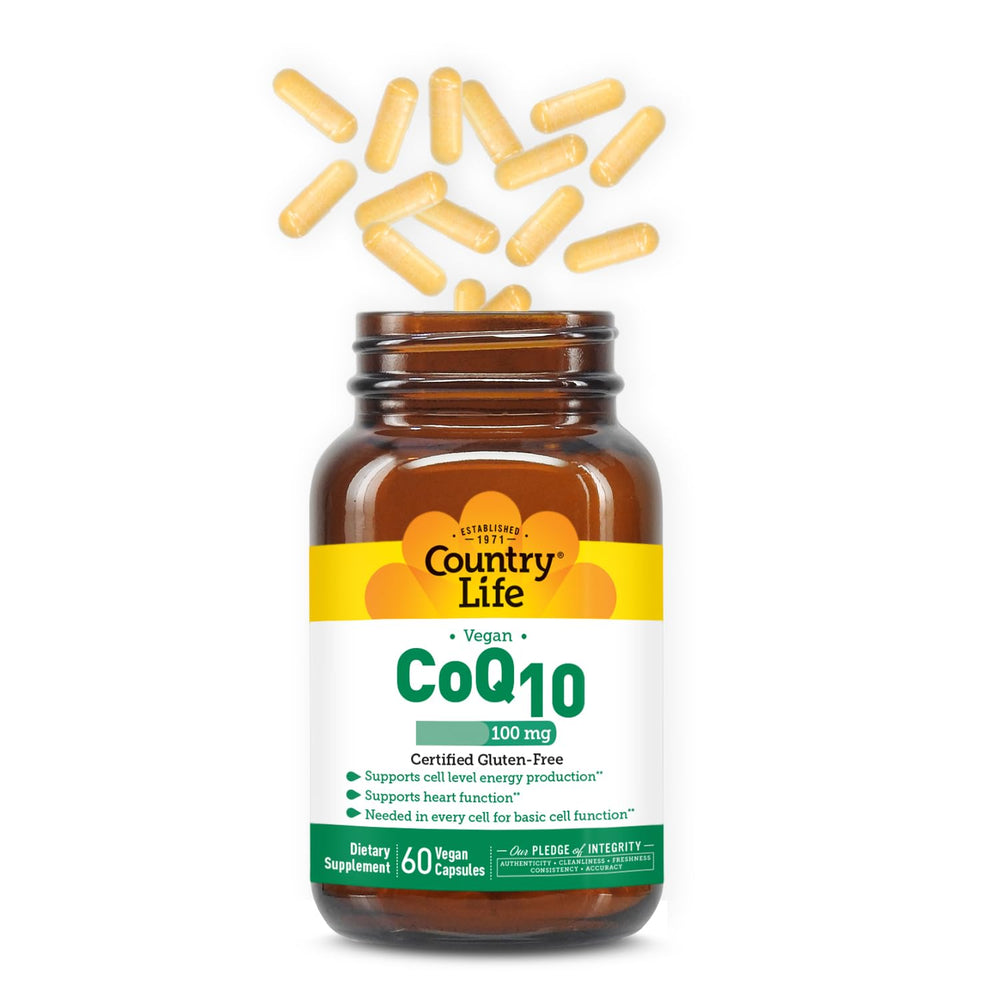 Country Life Simply CoQ10 label detail highlights vegan, gluten-free, and non-GMO credentials.