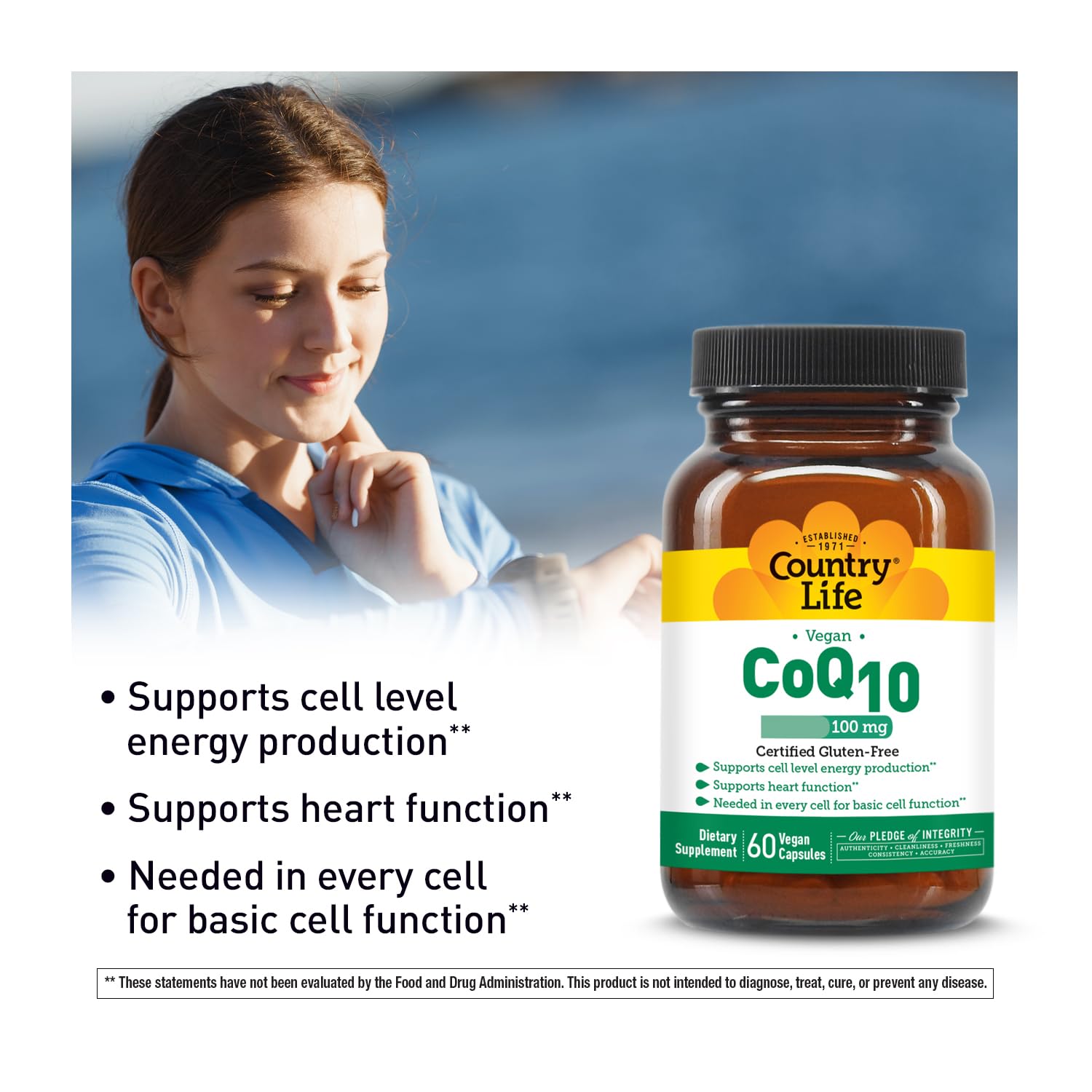 Country Life Simply CoQ10 softgels closeup emphasizes easy-to-swallow capsules.