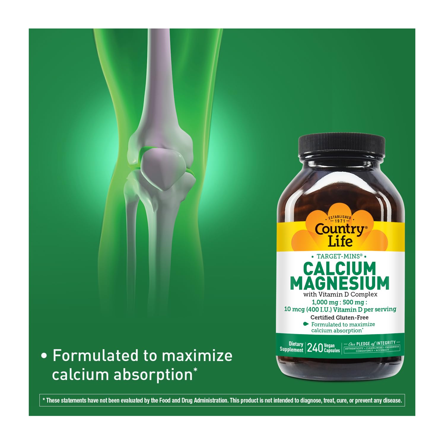 Country Life Target-Mins calcium capsules close-up shows vegan, gluten-free capsules.