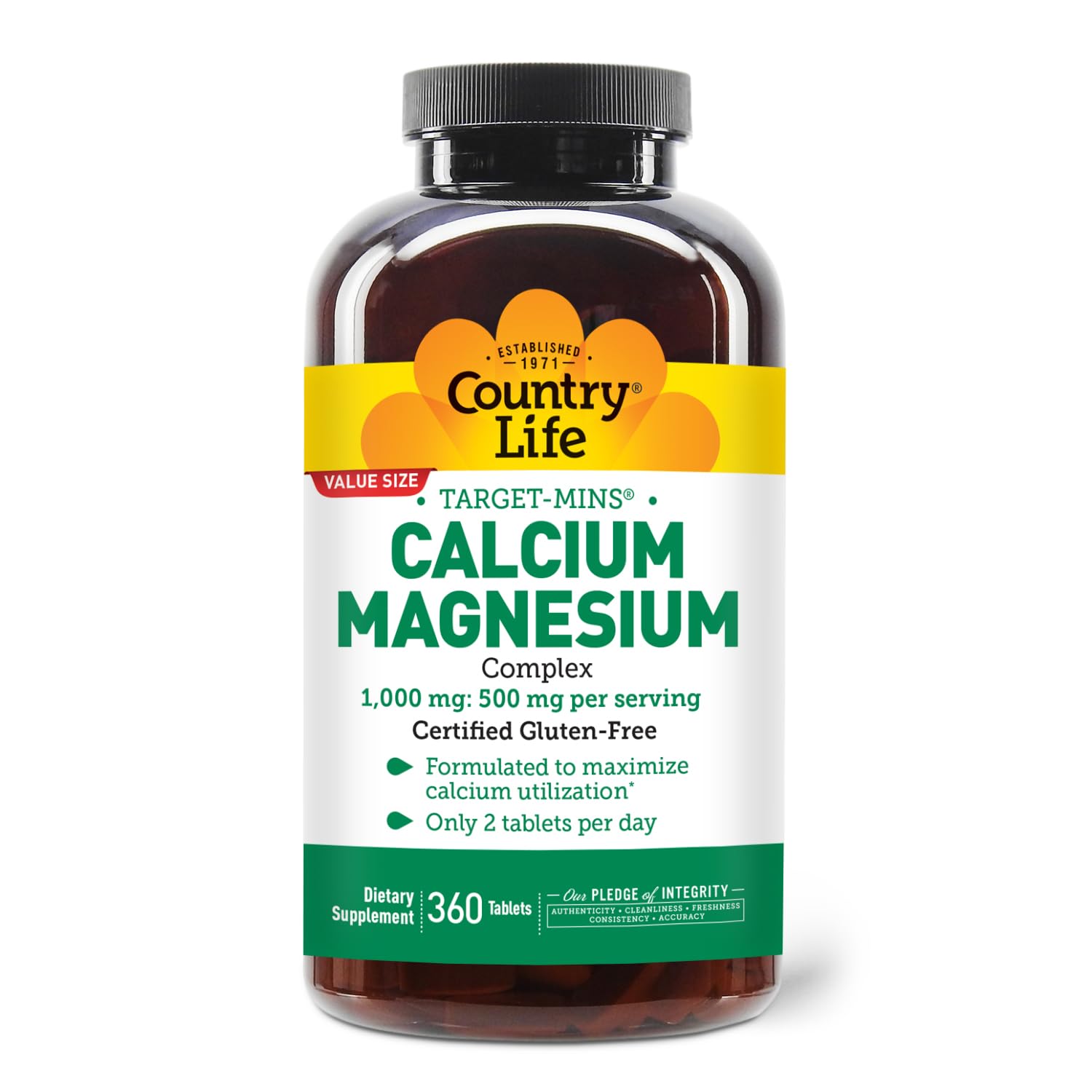 Country Life Target-Mins bottle front shows high-potency calcium and magnesium.