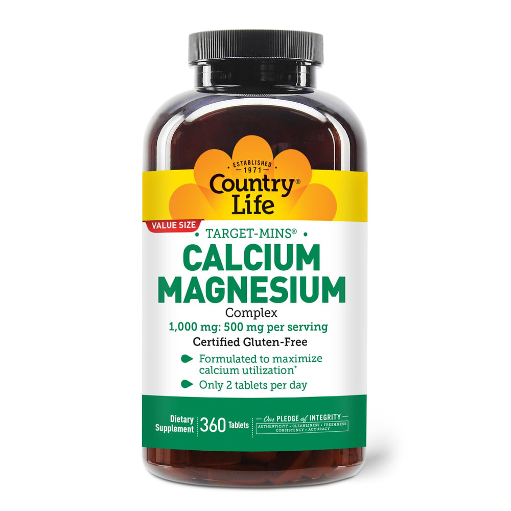 Country Life Target-Mins bottle front shows high-potency calcium and magnesium.