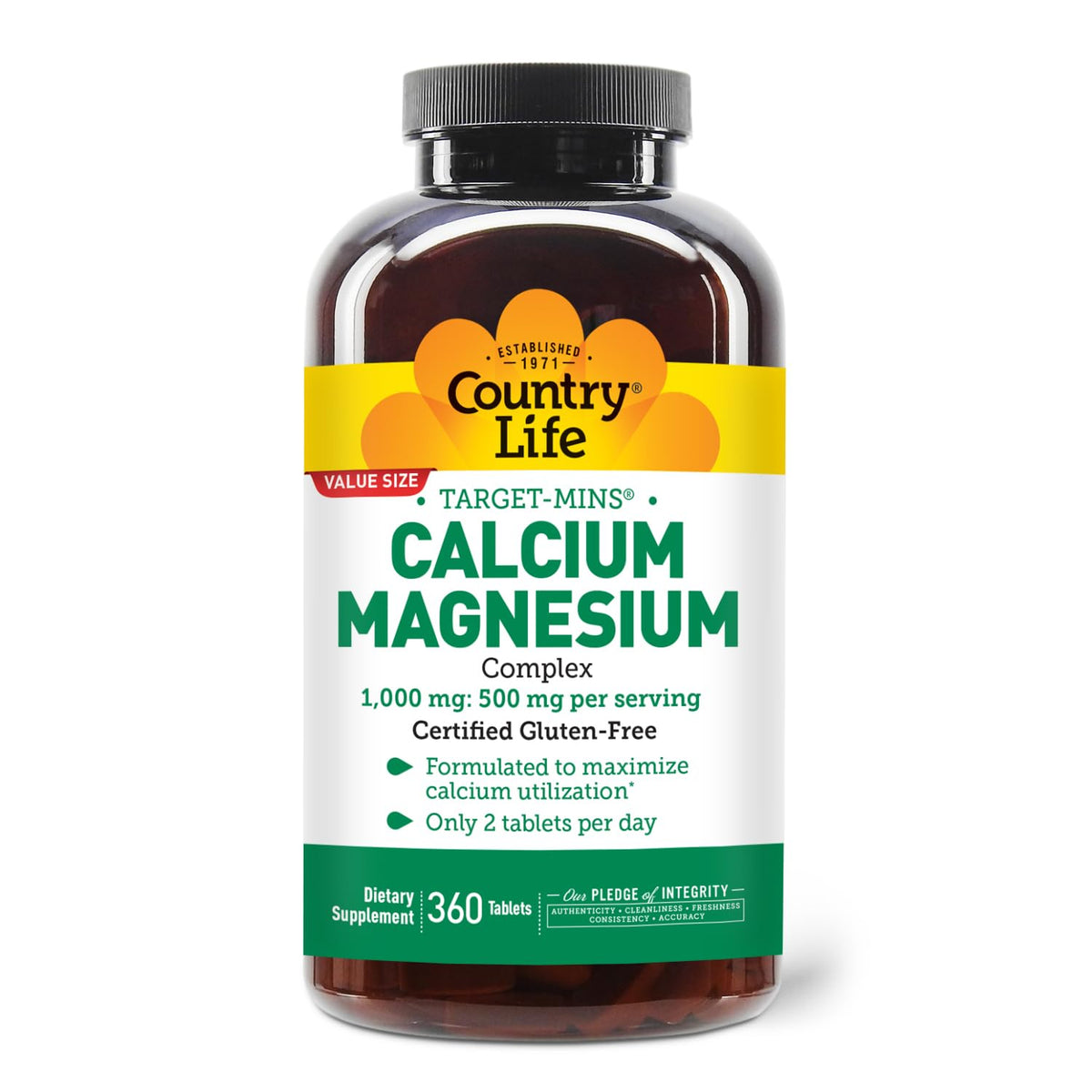 Country Life Target-Mins bottle front shows high-potency calcium and magnesium.