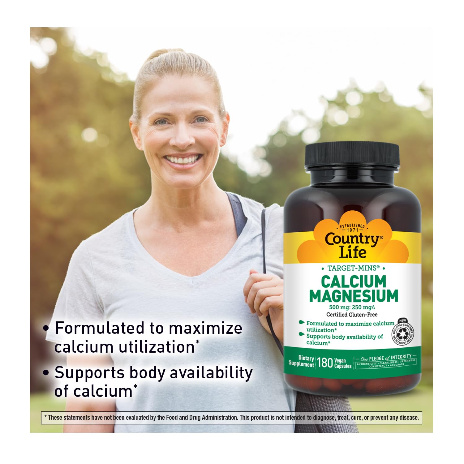 Country Life Target-Mins label close-up highlights free-form amino acids for enhanced calcium utilization.