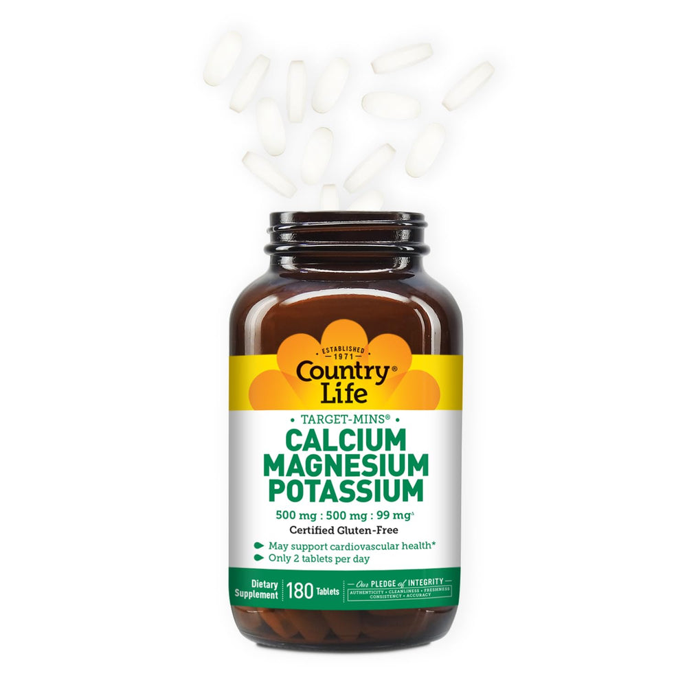 Country Life Target Mins bottle label highlights free-form amino acids for better calcium availability