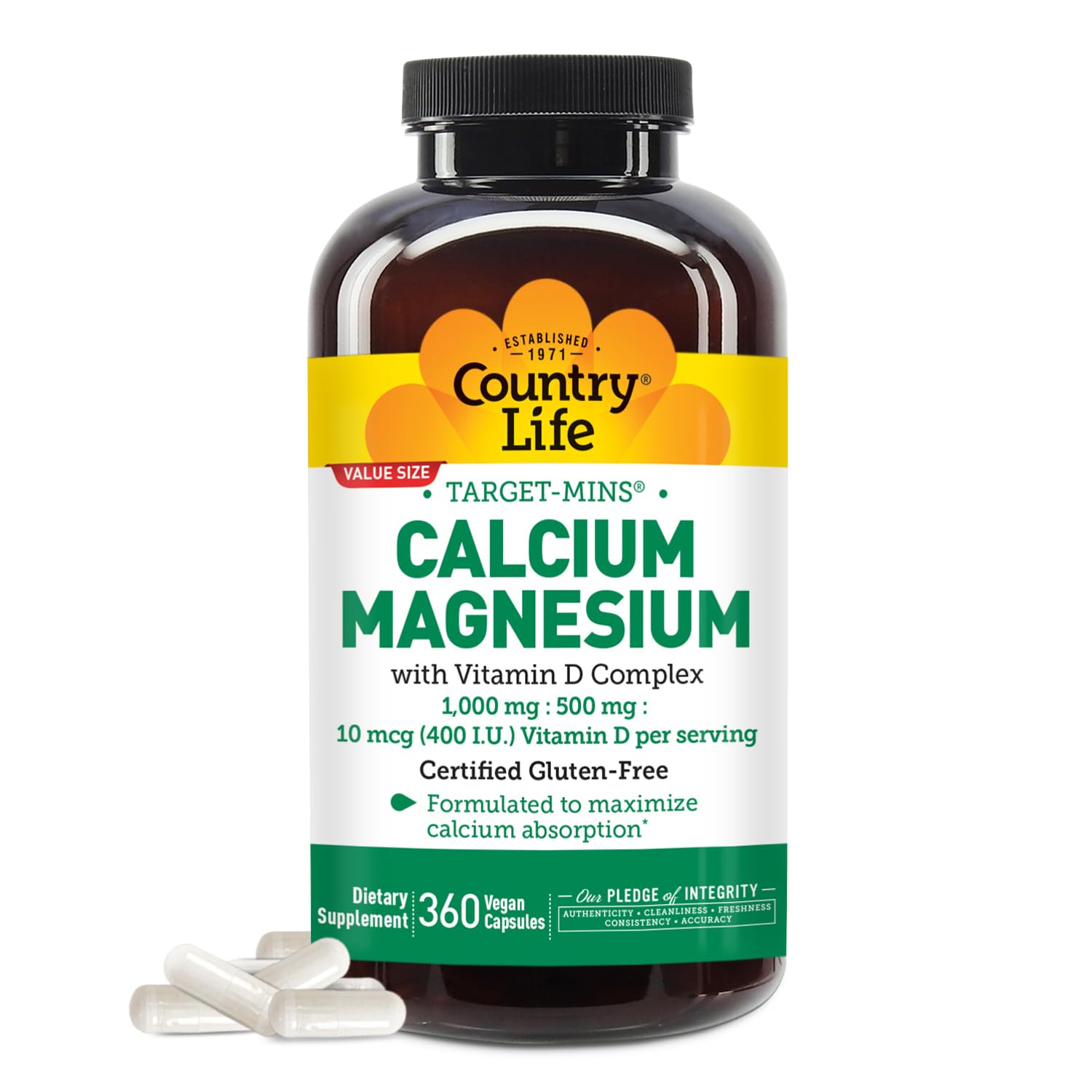 Country Life Target-Mins calcium magnesium vitamin D bottle; vegan gluten-free formula for daily use.