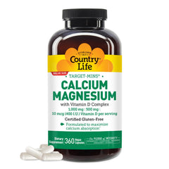 Country Life Target-Mins calcium magnesium vitamin D bottle; vegan gluten-free formula for daily use.