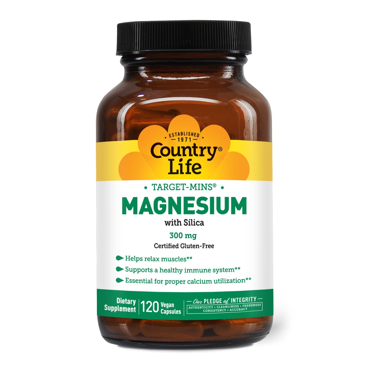 Country Life Target-Mins Magnesium cap and bottle image highlights supplement convenience.