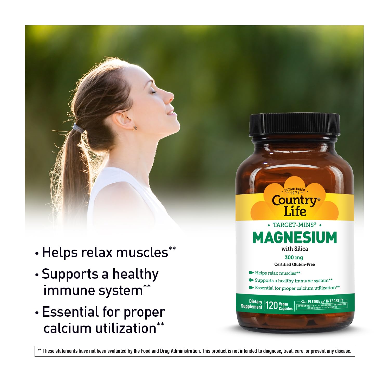 Country Life Target-Mins Magnesium certification badge underlines gluten-free and vegan quality.