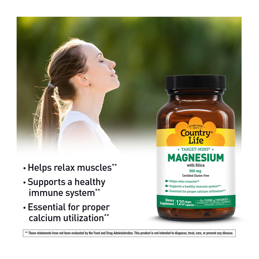 Country Life Target-Mins Magnesium certification badge underlines gluten-free and vegan quality.