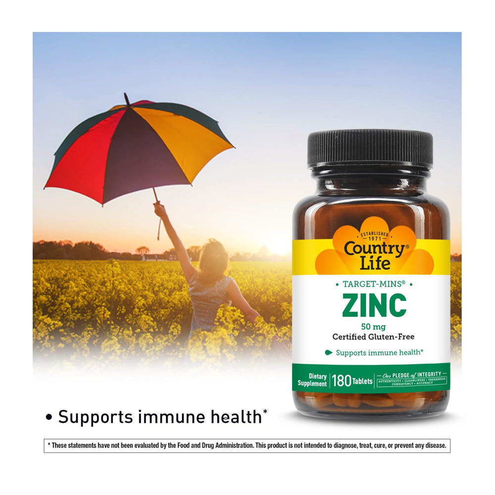 Close-up of Country Life Target-Mins Zinc label showing 50 mg zinc
