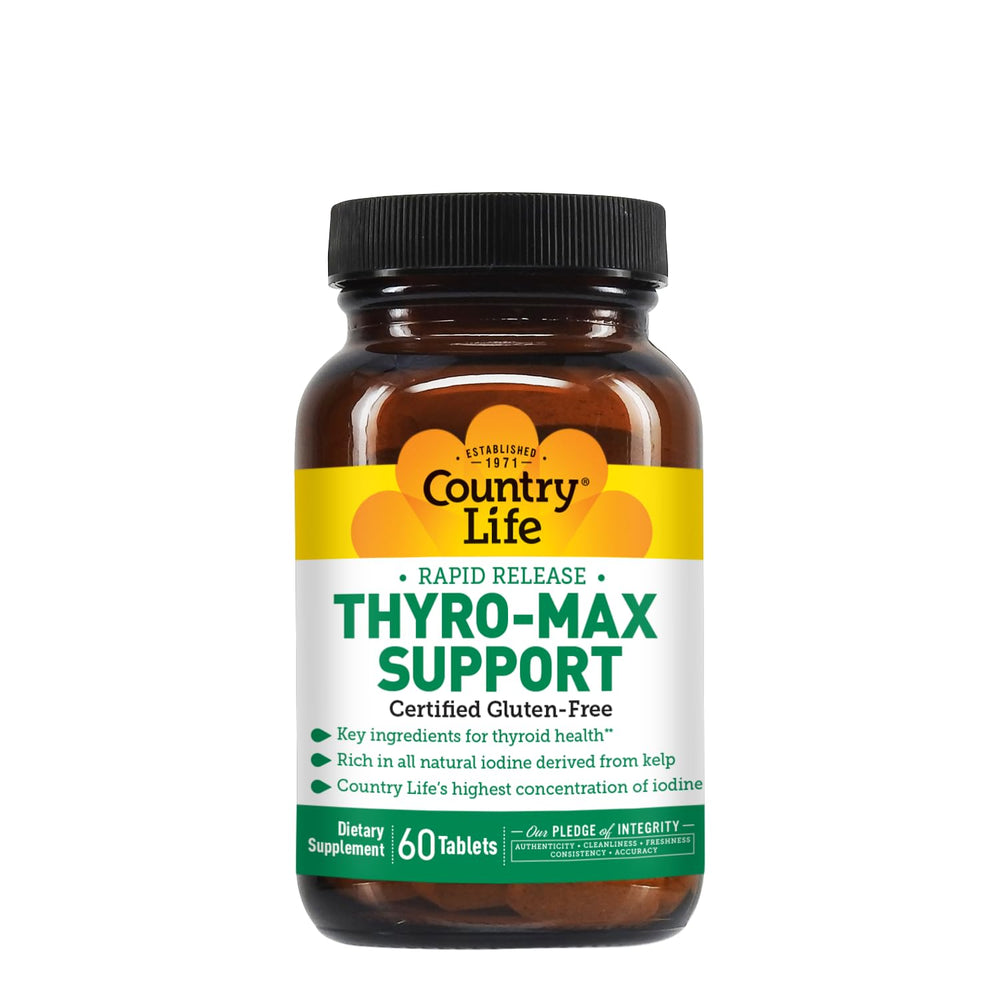 Country Life Thyro-Max Support bottle ingredients; L-tyrosine and B vitamins.