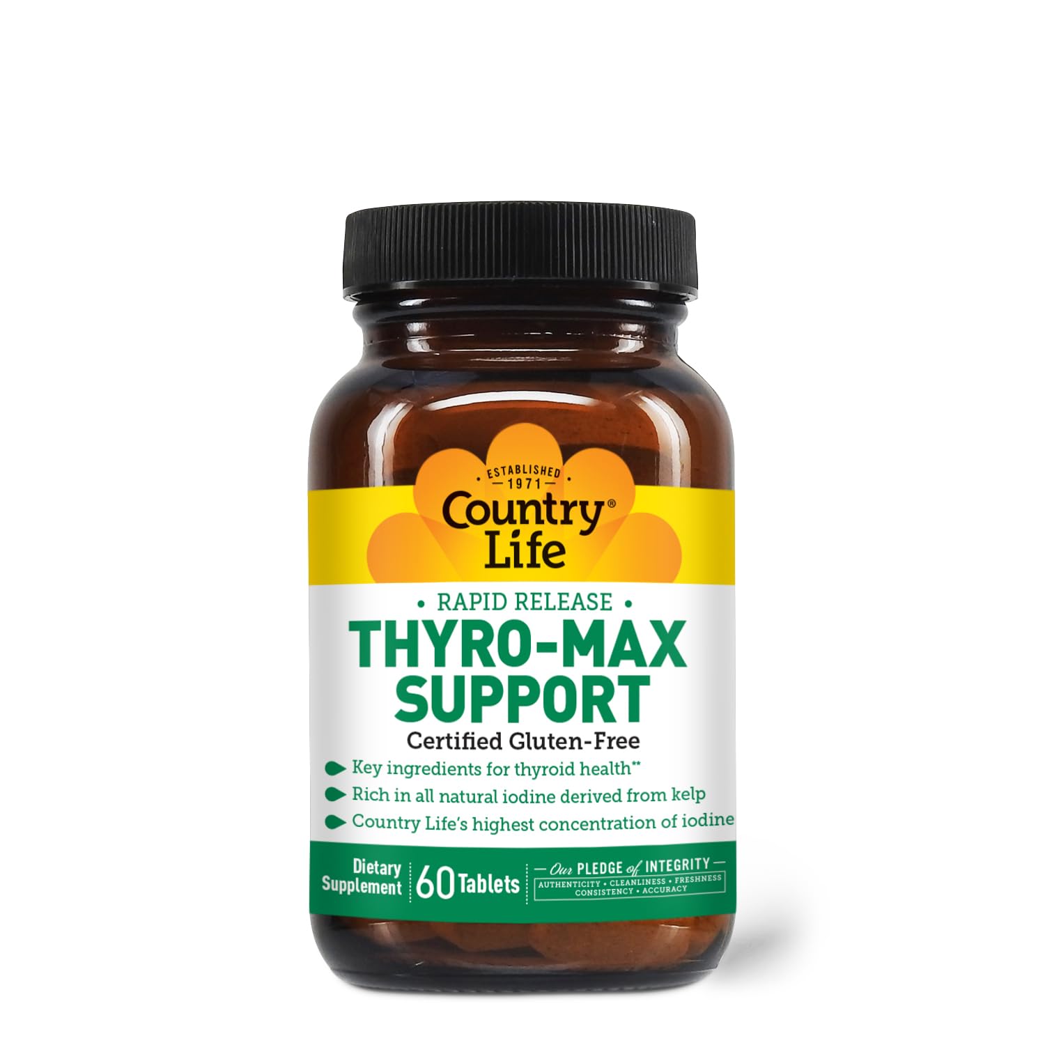 Country Life Thyro-Max Support label close-up; rapid-release formula highlighted.
