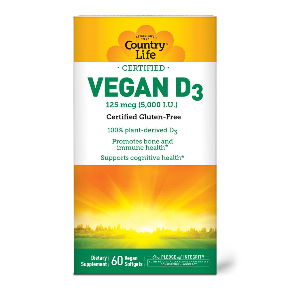 Country Life Vegan D3 5000 IU bottle on desk, convenient plant-based supplement.