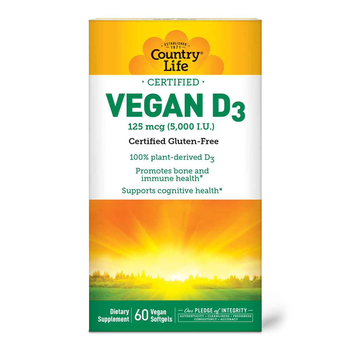 Country Life Vegan D3 5000 IU bottle on desk, convenient plant-based supplement.