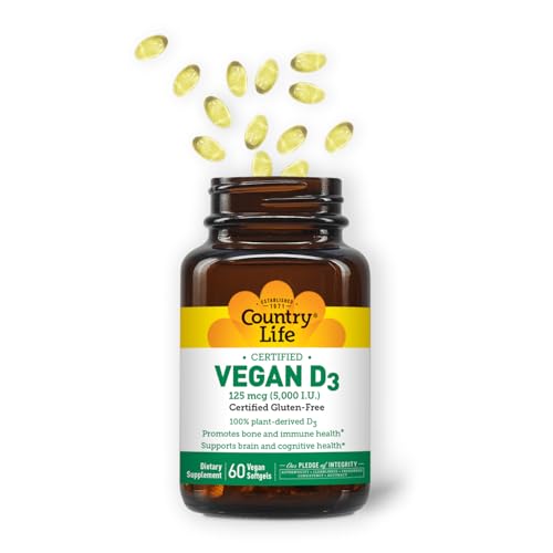 Country Life Vegan D3 softgels close-up, smooth capsules for daily use.