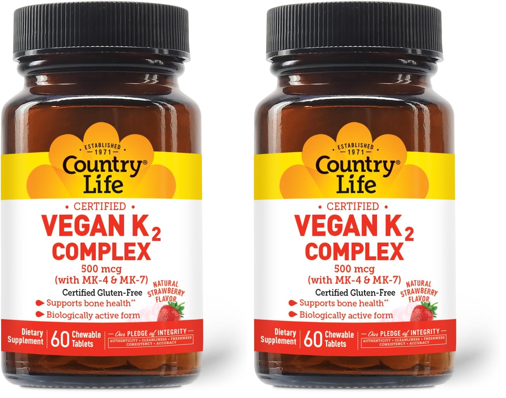 Country Life vegan K2-500 chewables strawberry bottle showcasing packaging and flavor