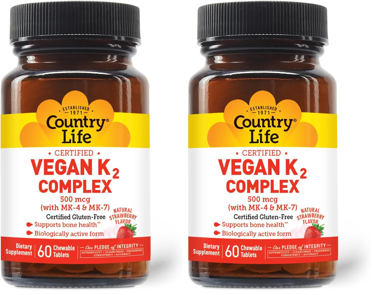 Country Life vegan K2-500 chewables strawberry bottle showcasing packaging and flavor