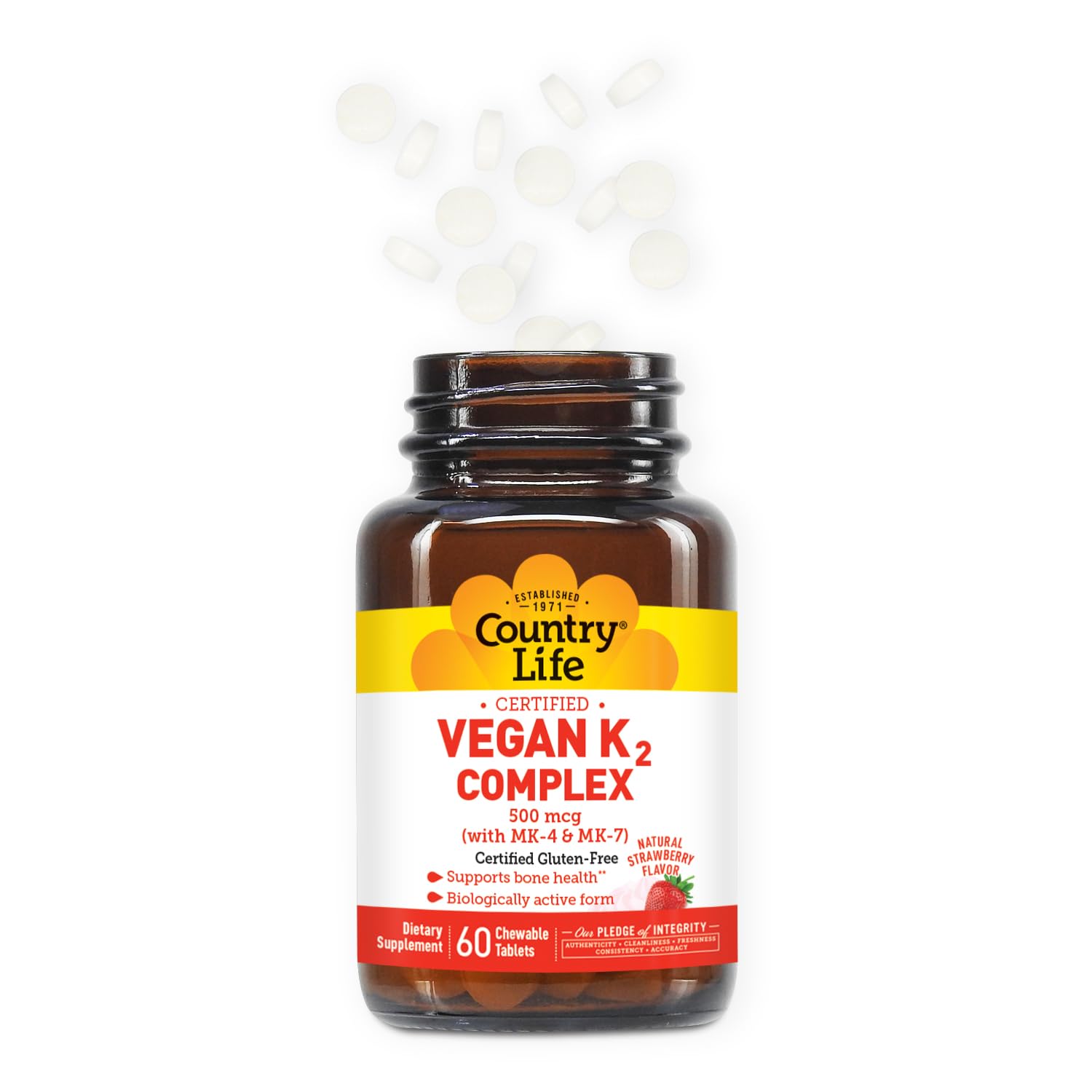Close-up of country life K2-500 strawberry chewable tablet