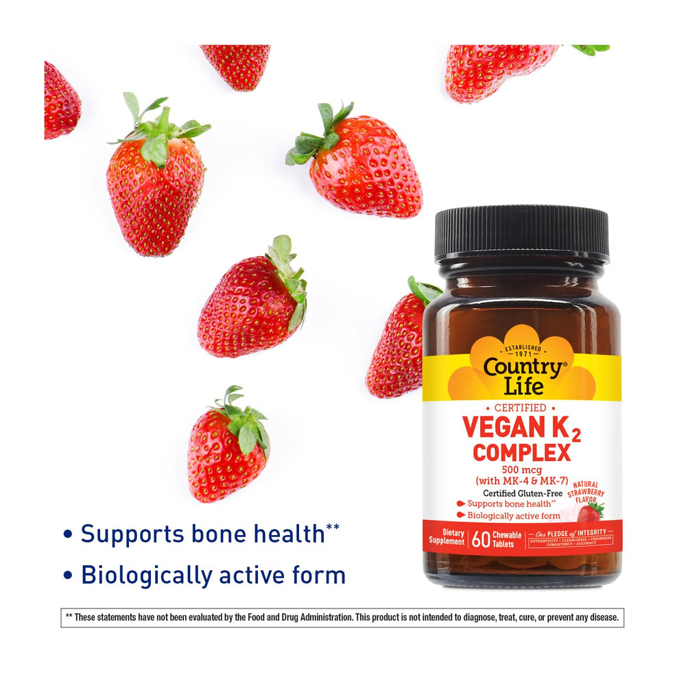 Country Life K2-500 vegan chewables packaging with certifications