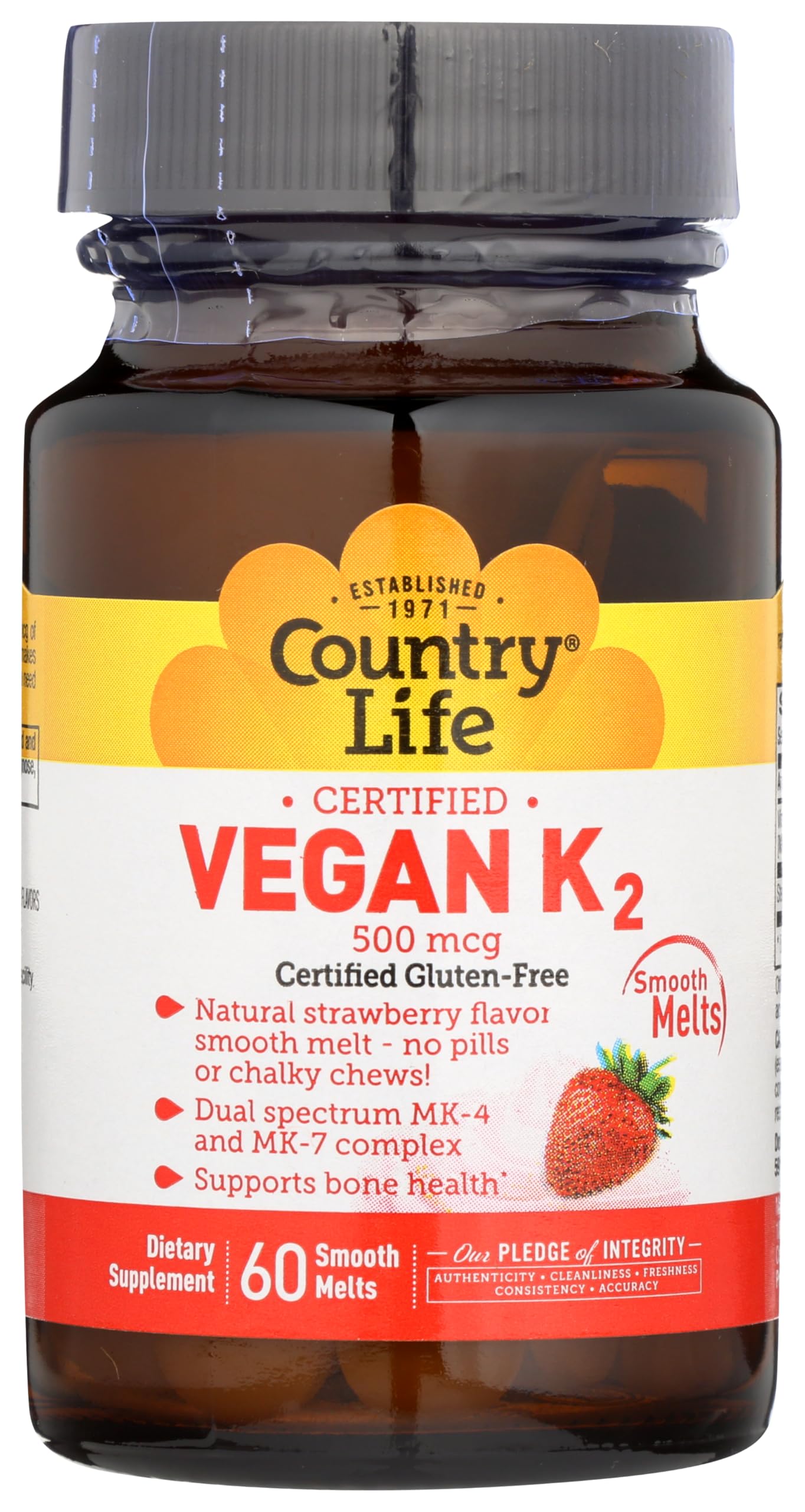 Country Life Vegan Vitamin K2 bottle with strawberry chews for convenient daily support