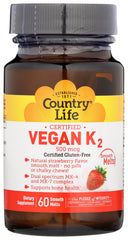 Country Life Vegan Vitamin K2 bottle with strawberry chews for convenient daily support