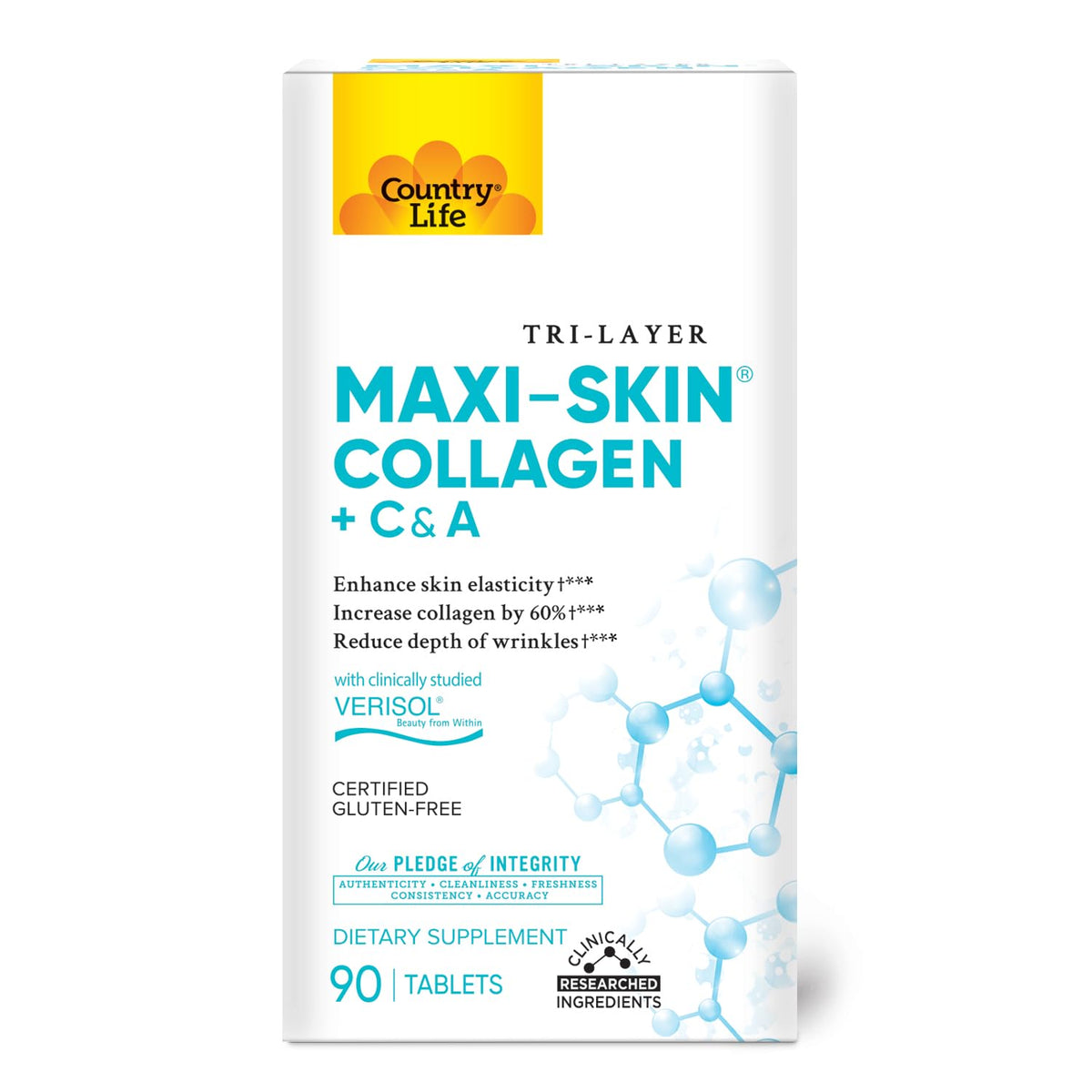 Country Life Verisol collagen tablets bottle showing convenient daily skin support