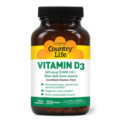 Country Life Vitamin D3 5000 IU bottle for daily wellness.