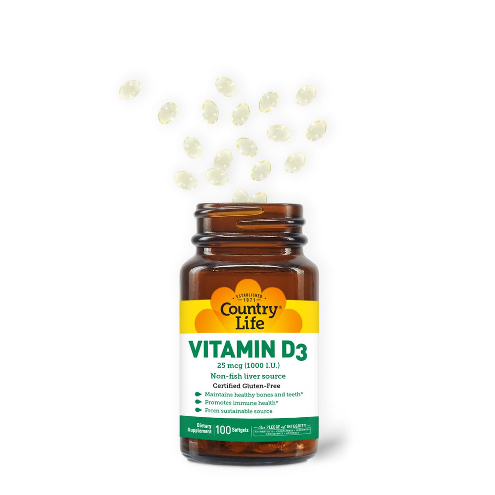 Country Life Vitamin D3 bottle side view highlighting easy daily consumption